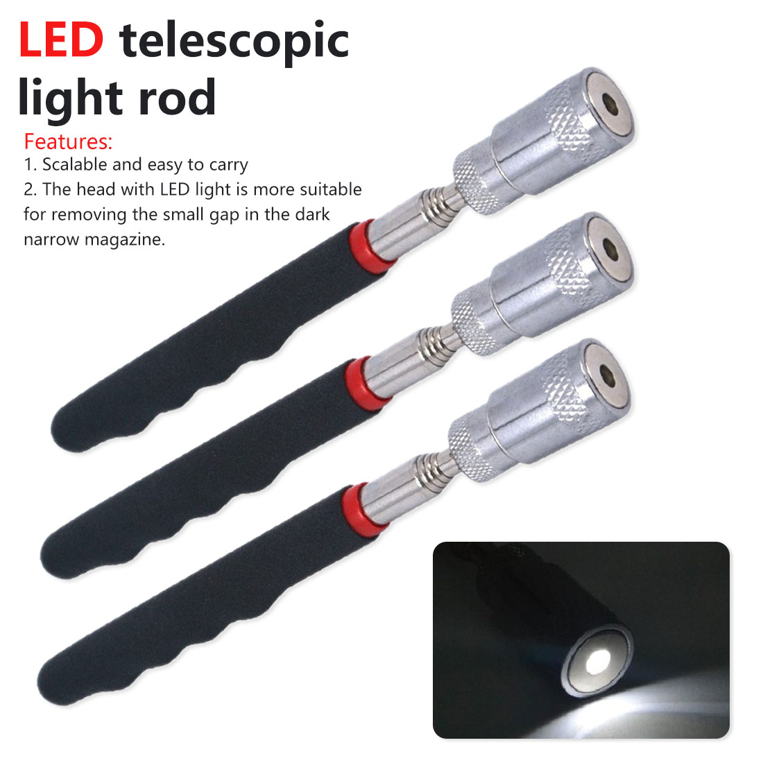 NEW 【Innovative design】1Pc Long Extendable Long Reach 80.8cm Telescopic Adjustable Magnetic Pick-Up Tools With LED Light Picking Up Nuts Bolts Magnet