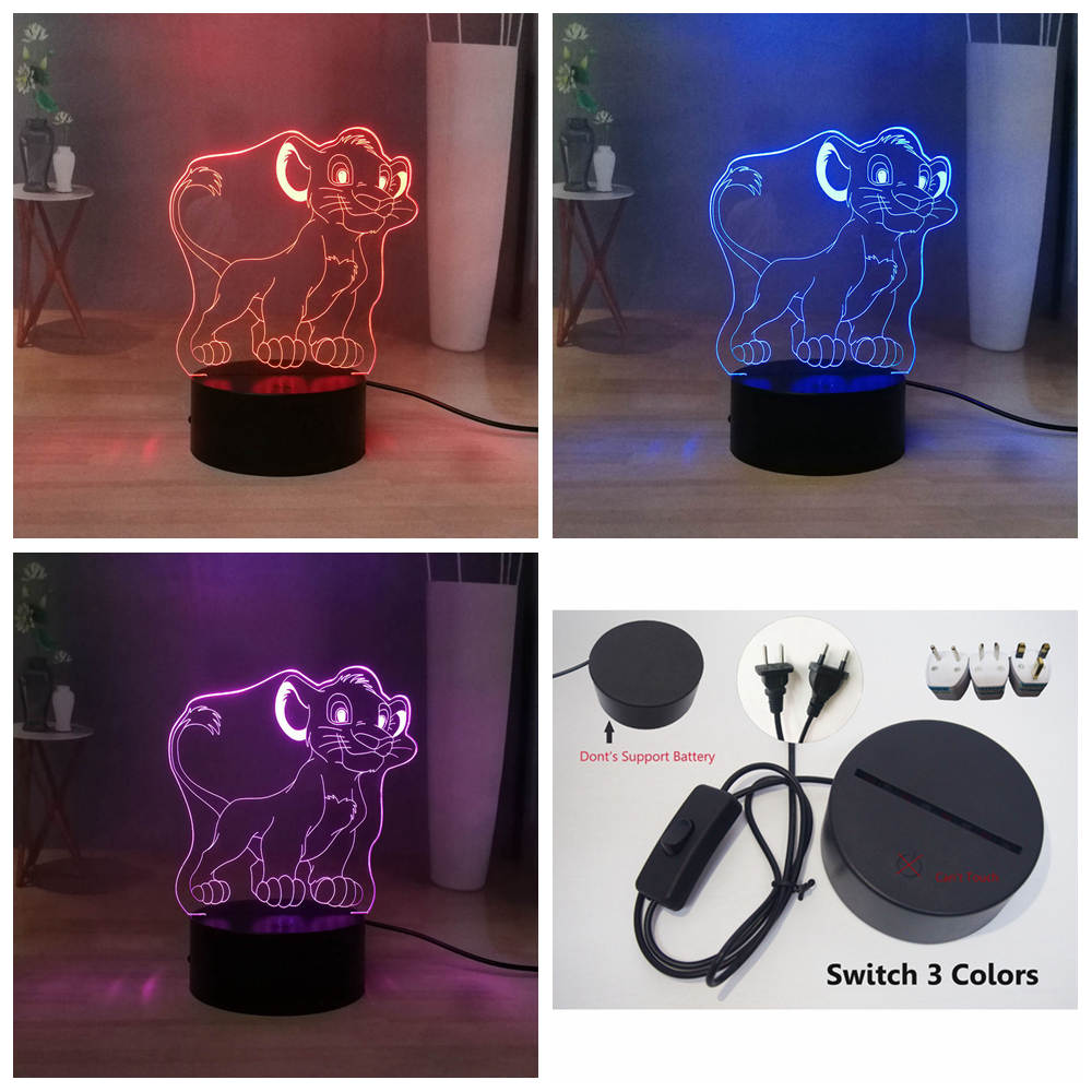 NEW 【Innovative design】Cute Simba the little lion king 3D Illusion Lamp Cartoon King of the Jungle RGB Multicolor LED Bedside Night Light Kids Gift Toy