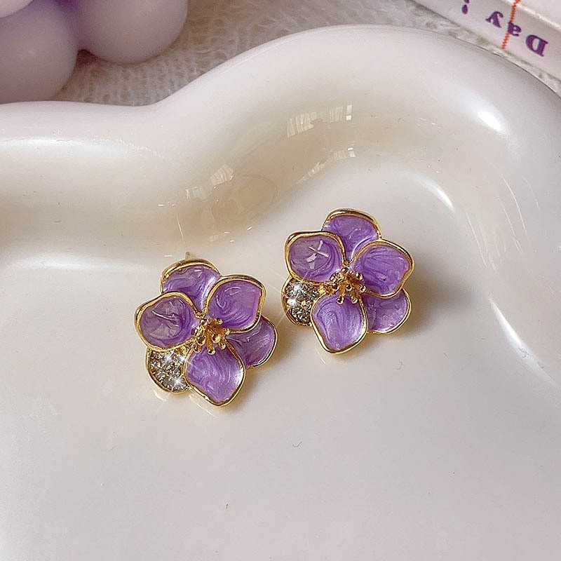Lavender Purple Enamel Flowers Clover Earrings for Women Ins Girl New 2026