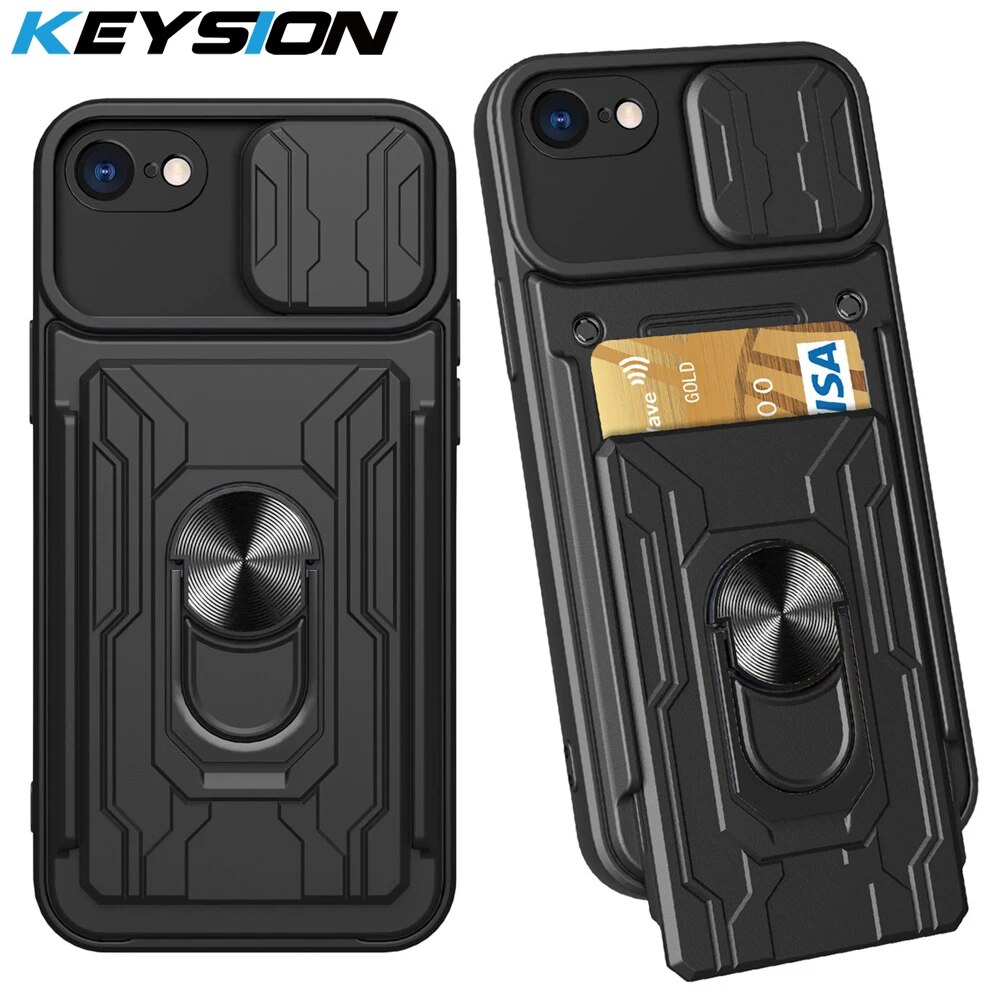 NEW KEYSION Shockproof Case for iPhone SE 2020 Card Slot Bag Camera Protection Ring Stand Phone Back Cover for iPhone 8 7 Plus