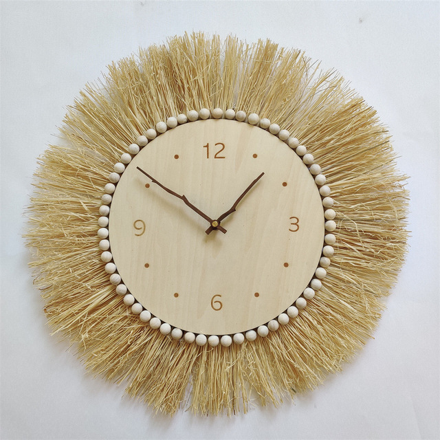 NEW 【Innovative design】 Wooden Wall Clock With Raffia Creative Silent Clock Wall Decoration Children Room Clocks Soft Furnishings Home Decor