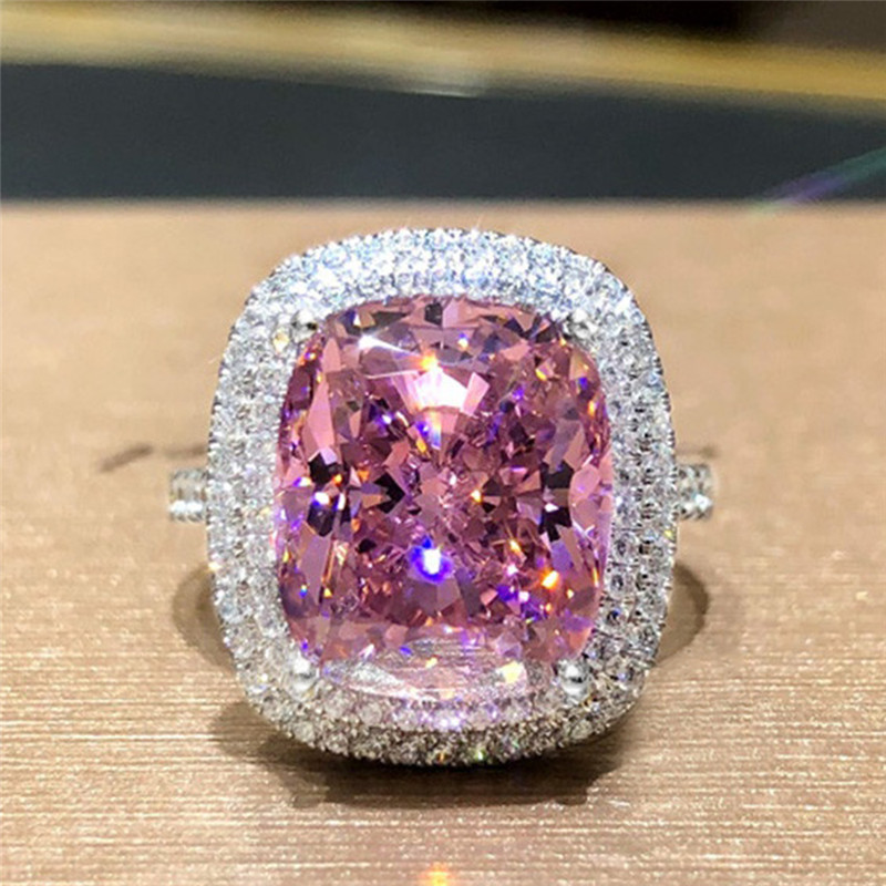 【Direct-sales】 Huitan Personality Big Pink Cubic Zirconia Wedding Rings for Women Romantic Bridal Marriage Ceremony Fashion Jewelry