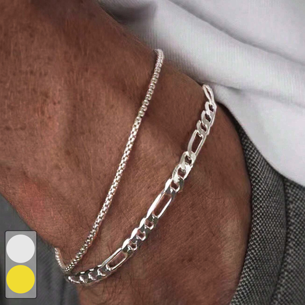 【HOT】 2PCS Simple Silver Color Stainless Steel Chain Bracelets Set for Men Metal Casual Street Daily wear Bracelet Jewelry