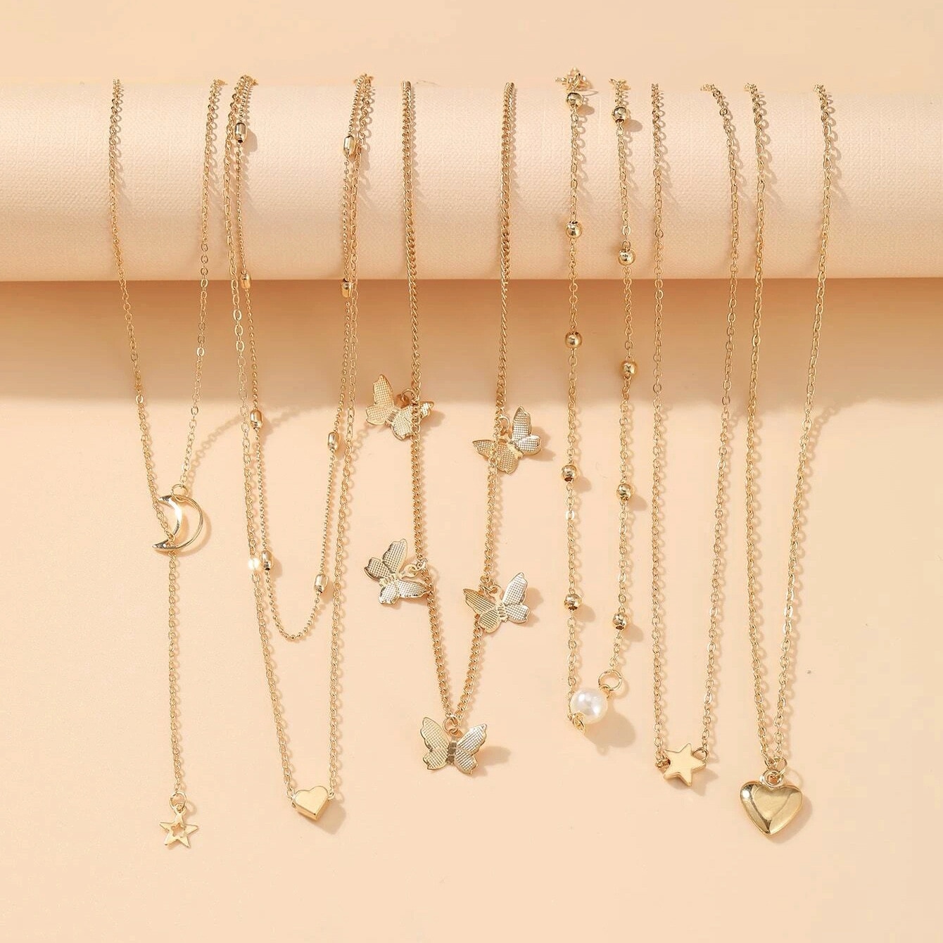 【Hot New Release】 6pcs Necklace European And American Simple Temperament Lovely Atmosphere Star Moon Popular Lady Necklace Set For Women