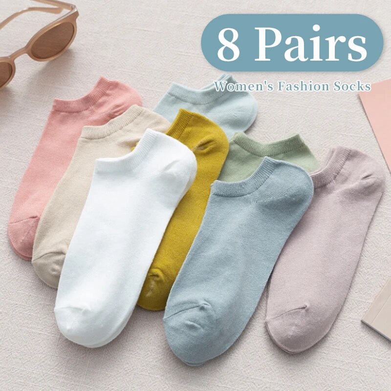 【Flash sale】 8 Pairs of Spring and Summer Four-season Women's Simple Fashionable and Sweet Morandi Solid Color Low Cut and Comfortable Socks
