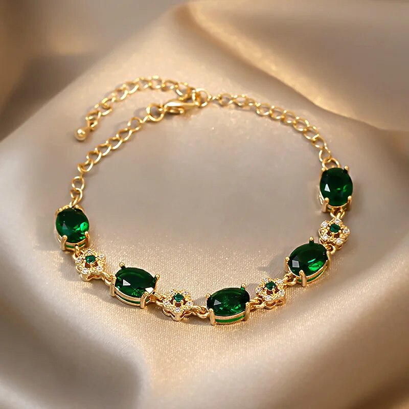 【Top Picks】 Luxury Green Rhinestone Bracelet Color Link Chain Bracelets For Women Vintage Party Wedding Bridal Jewelry Gifts