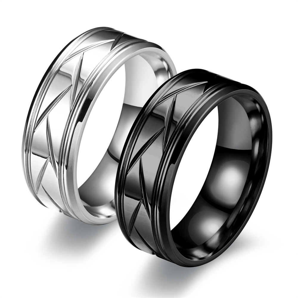 【Deal】 Fashion Men’s Silver Color Black Stainless Steel Ring Groove Multi-Faceted Ring for Men Women Engagement Ring Anniversary Gifts