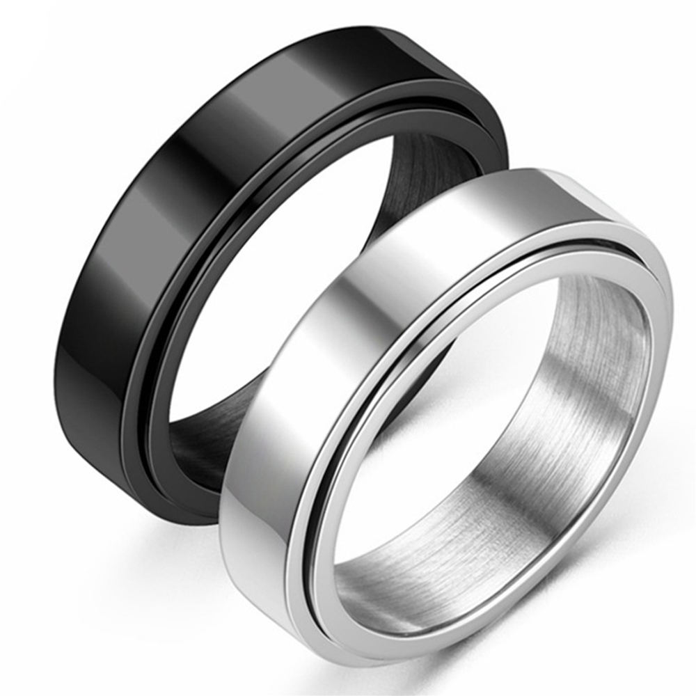 【Shop with Confidence】 Anxiety Rings Black Silver Color Stainless Steel Spinning Rotating Mood Ring for Men Women Anti Stress Jewelry