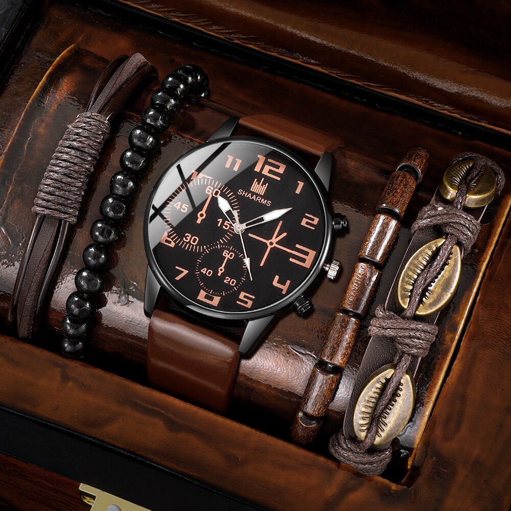 50% discount 5PCS Set Fashion Mens Sports Bracelet Watches For Men Retro Big Dial Quartz Wrist Watch Classic Male Casual Brown Leather Watch