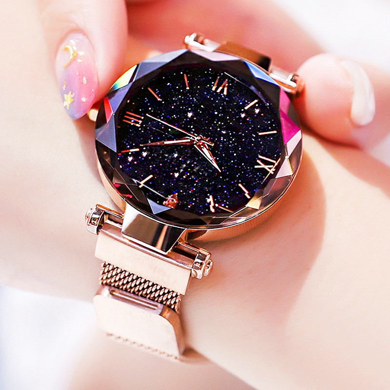 【NEW】 Womens Fashion Starry Sky Watches Magnet Buckle Mesh Belt Quartz Watch Women Dress Clock
