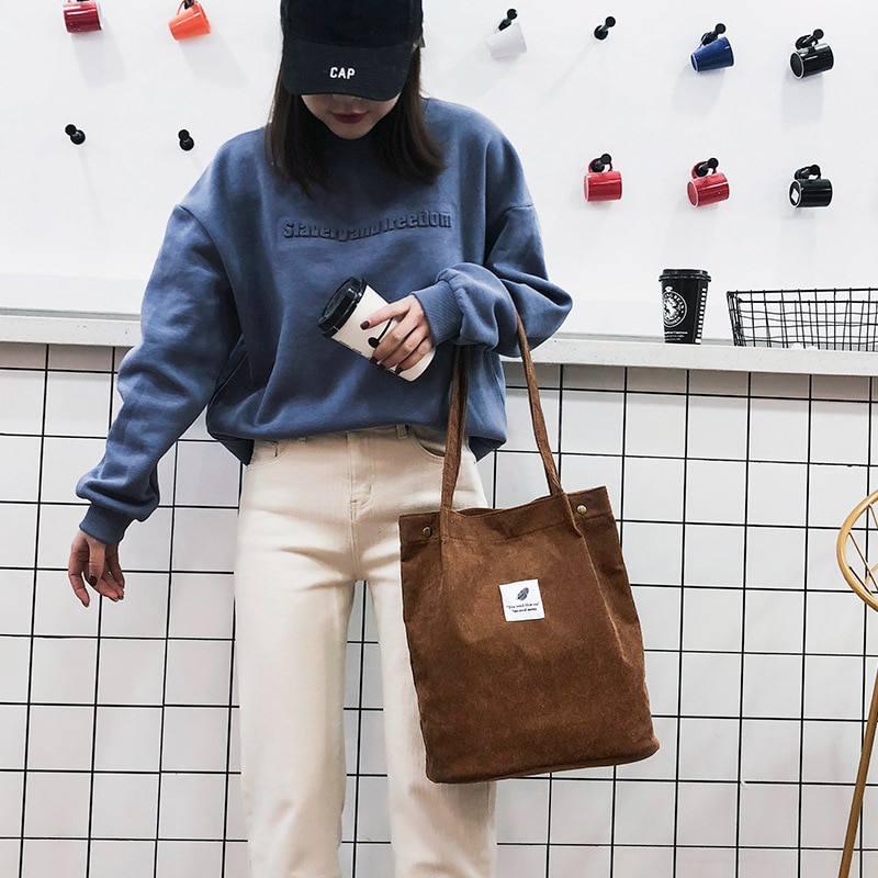 【Online】 Casual Foldable Corduroy Shopping Bag Eco Friendly Reusable Handbag Lightweight Shoulder Bags