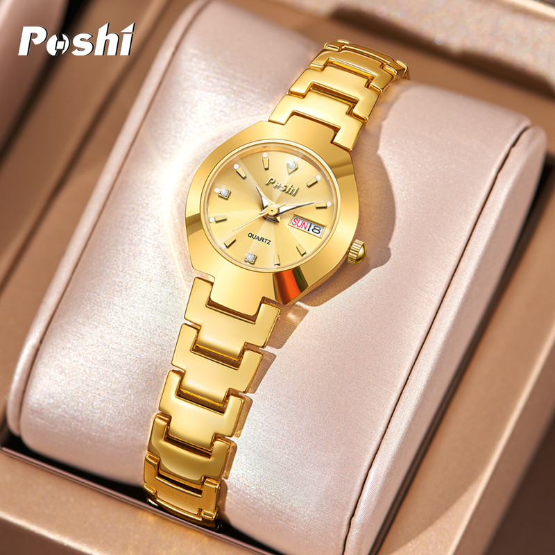 【Popular】Swiss Brand POSHI Women Watch Stainless Steel Simple Waterproof Luminous with Date Week Quartz Watches Elegant Bracelet for Gift
