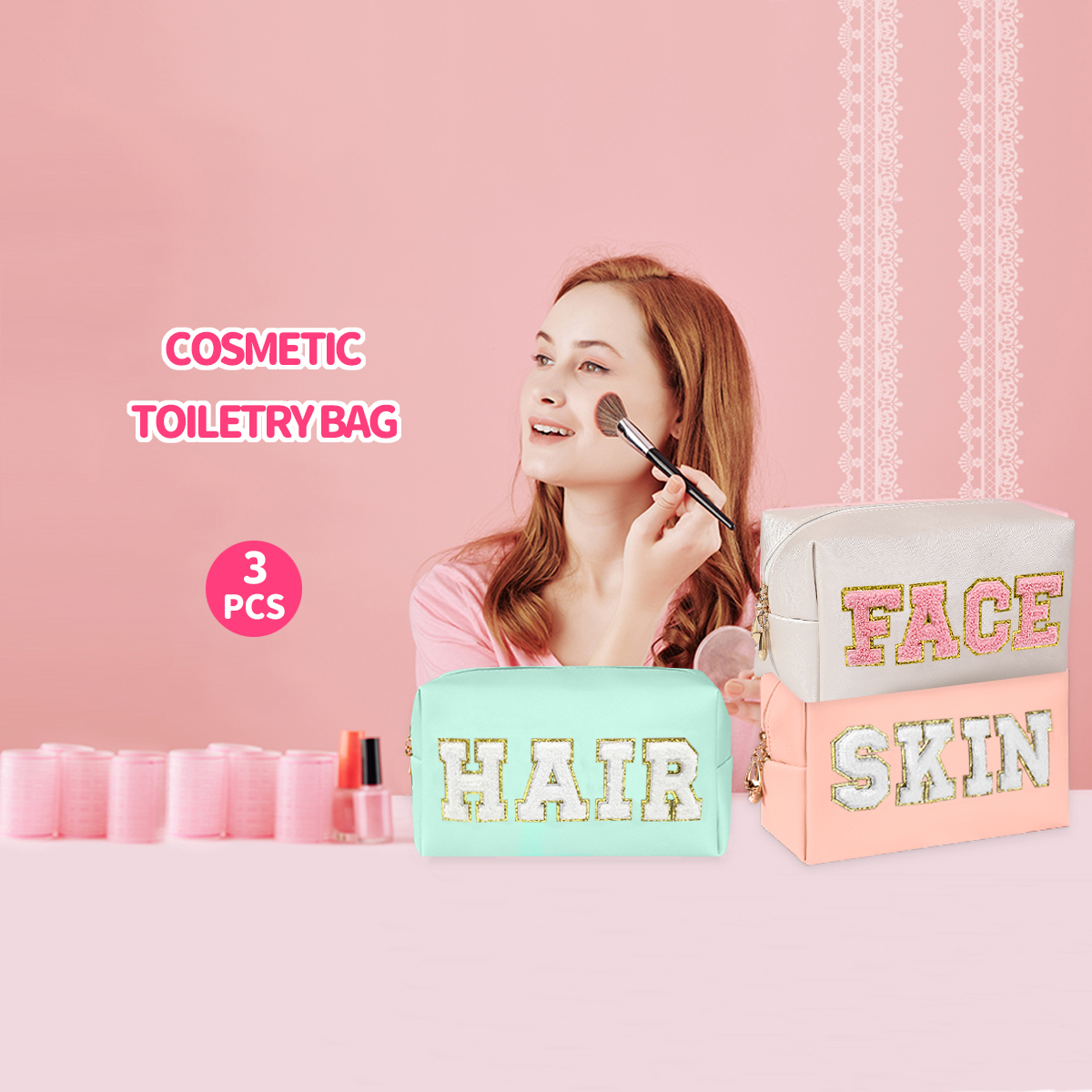 Bizzy Chenille Letter Cosmetic Bag PU Leather Waterproof Pouch Cute Zipper Organizer, Skin, Hair and Face.-zmt