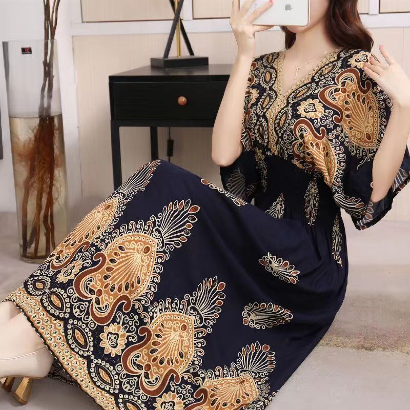 【Must-Have Style】 2024 Spring New Casual Elegant Retro Bohemian Style V-neck Elastic Waist Large Swing Printed Long Skirt Autumn Summer Dress