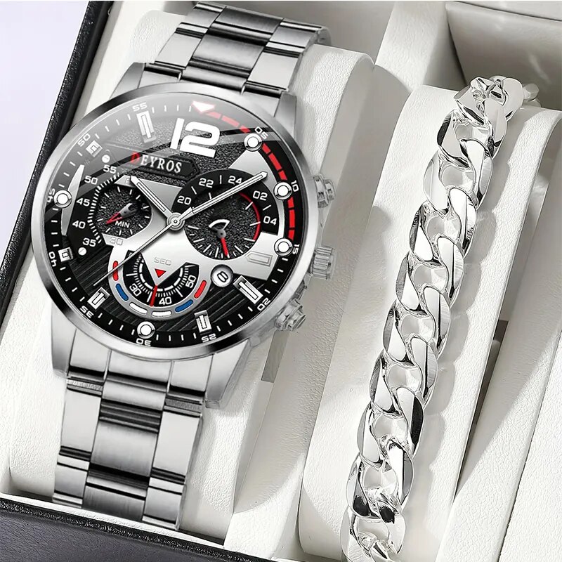 【Hot deal】 2pcs Luxury Mens Silver Quartz Watch With Stainless Steel Bracelet Men Fashion Business Casual Watch Luminous Clock