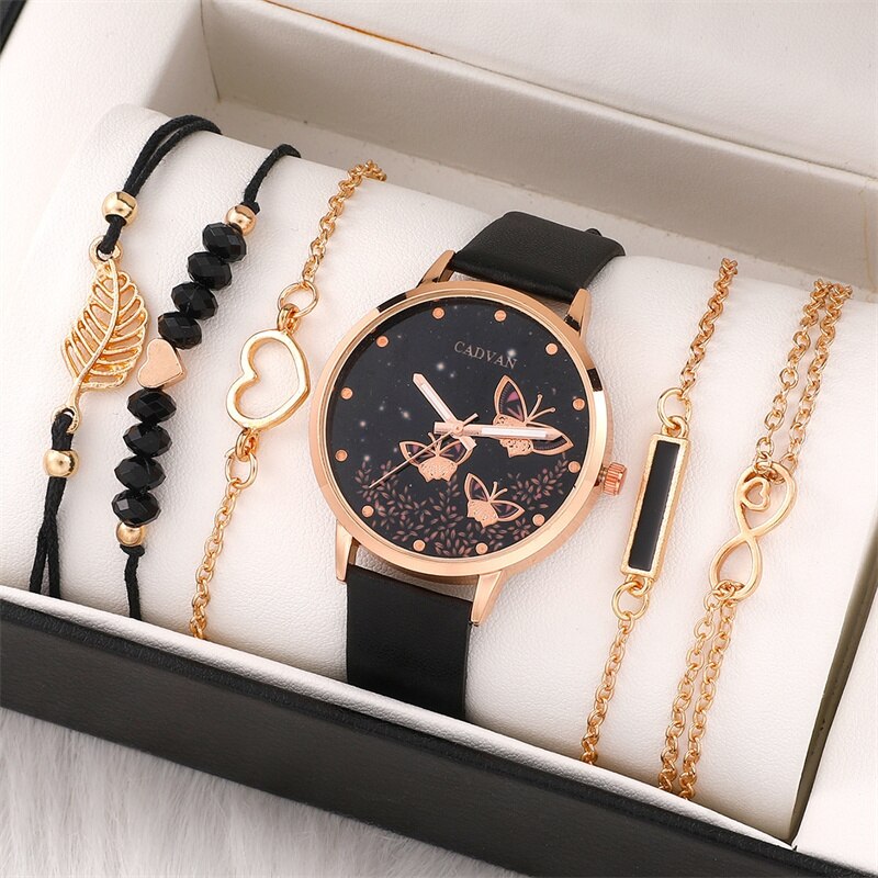 【The-Best】 6pcs Set Womens Watches Ladies Fashion Butterfly Watch New Simple Casual Womens Analog WristWatch Bracelet Gift No Box