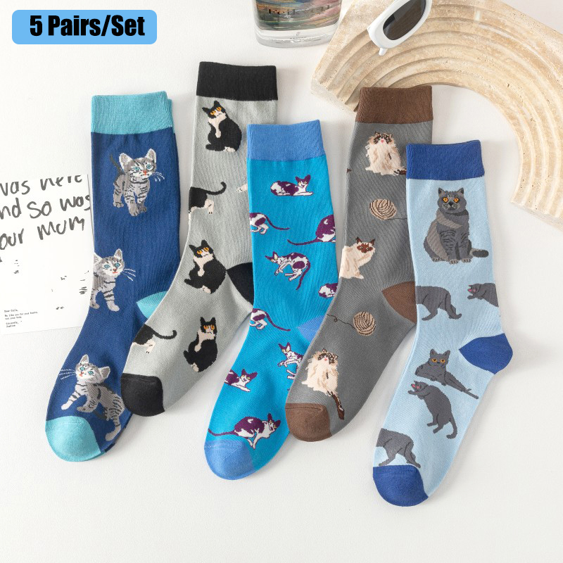 【In-demand】 5 Pairs/Set Blue Cartoon Siamese Cat Cute Lovely Cotton Knitting Fashion Women Men Unisex Street Snap Jacquard Fancies Socks