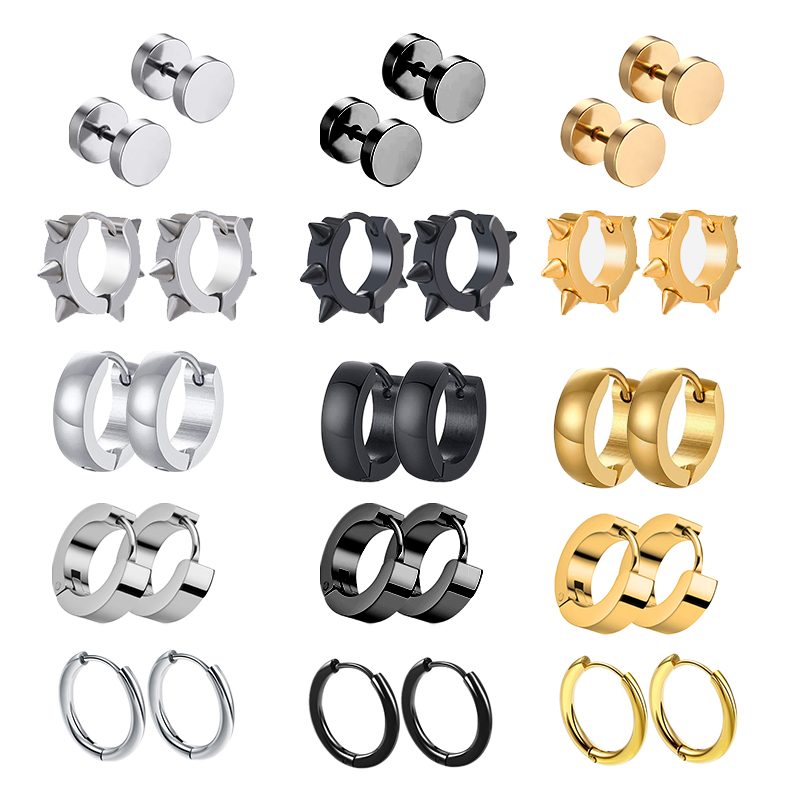 【Special offer】 1 Pairs Multi Types Unisex Black Color Stainless Steel Earring For Women Men Gothic Piercing Earrings Jewelry