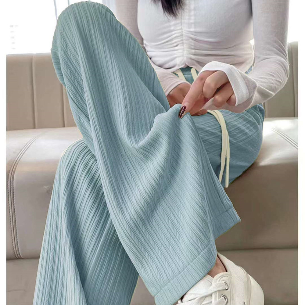 【Eco-friendly】 Summer Cool Ice Silk Straight Pants Women Fashion High Waist Wide Leg Trousers Female Solid Sagging Feeling Baggy Casual Pants