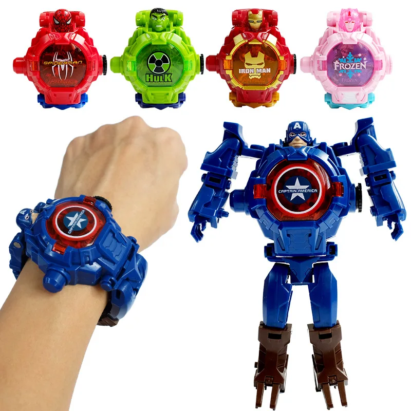 【New design】Marvel Iron Man Spiderman Cartoons Children's Watch Deformation Robot 3d LED Luminous Watch Children's Model Toy Watch