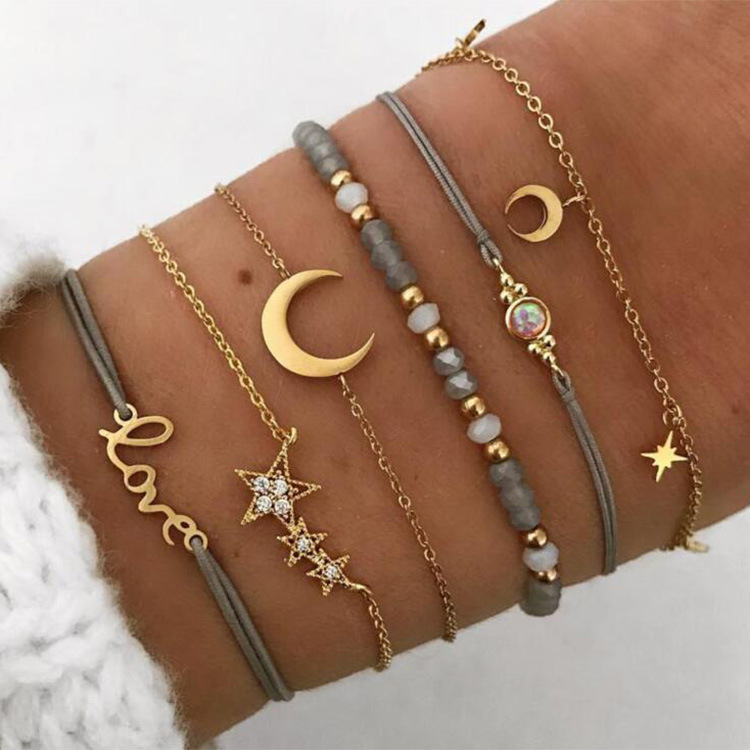 6PCS Of Set Jewelry Ladies Simple Temperament Fashion New Love Pentagram Moon Bracelet