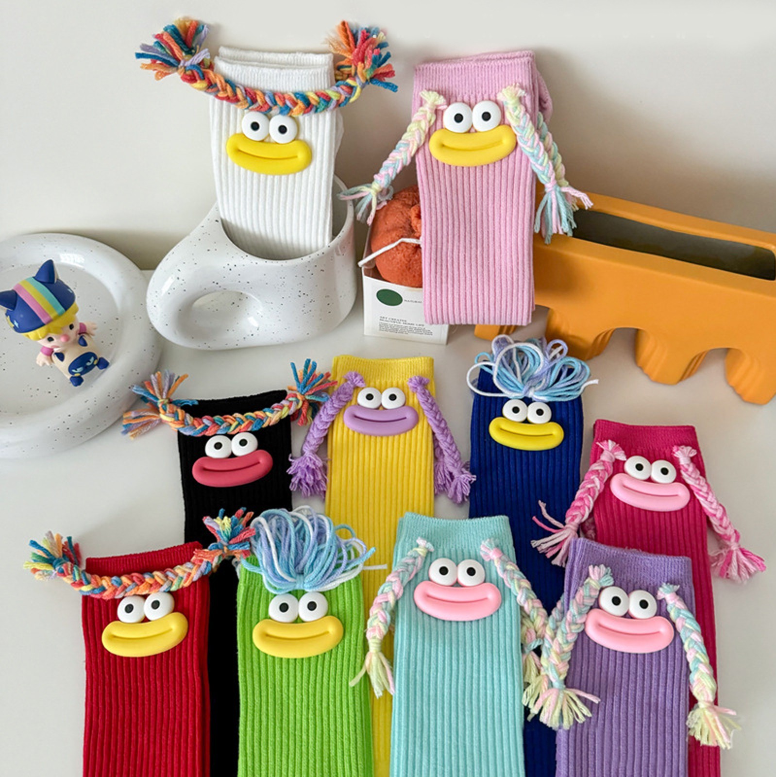 【Best Price Guaranteed】 1pc Girl's Mid Length Socks With Colorful Big Mouth Braids, Funny Long Socks, Cute Mid Length Socks Funny Socks Gift
