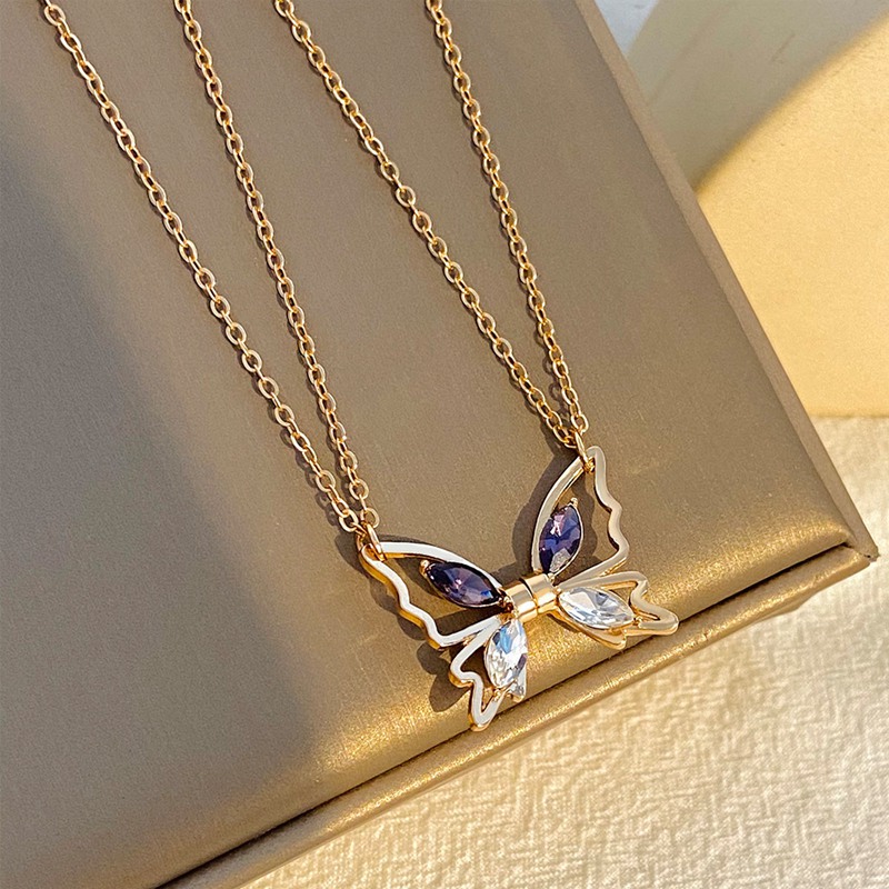 【Big-promotion】 2Pcs/Set Lovers Romantic Magnetic Couple Necklace Micro Zircon Hollow Butterfly Pendant Clavicle Chain Friendship Party Jewelry