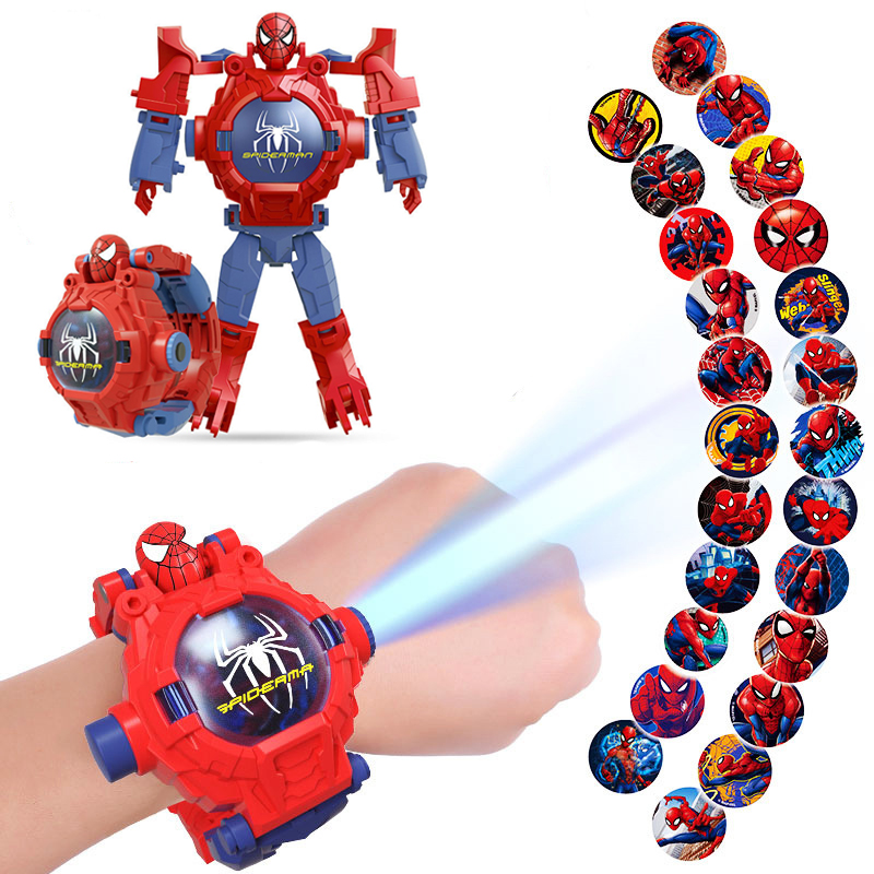 【New design】Disney 24 Projection Patterns Spiderman Children Watches for Boy Deformation Robot Projection Electronic Clock Kids Christmas
