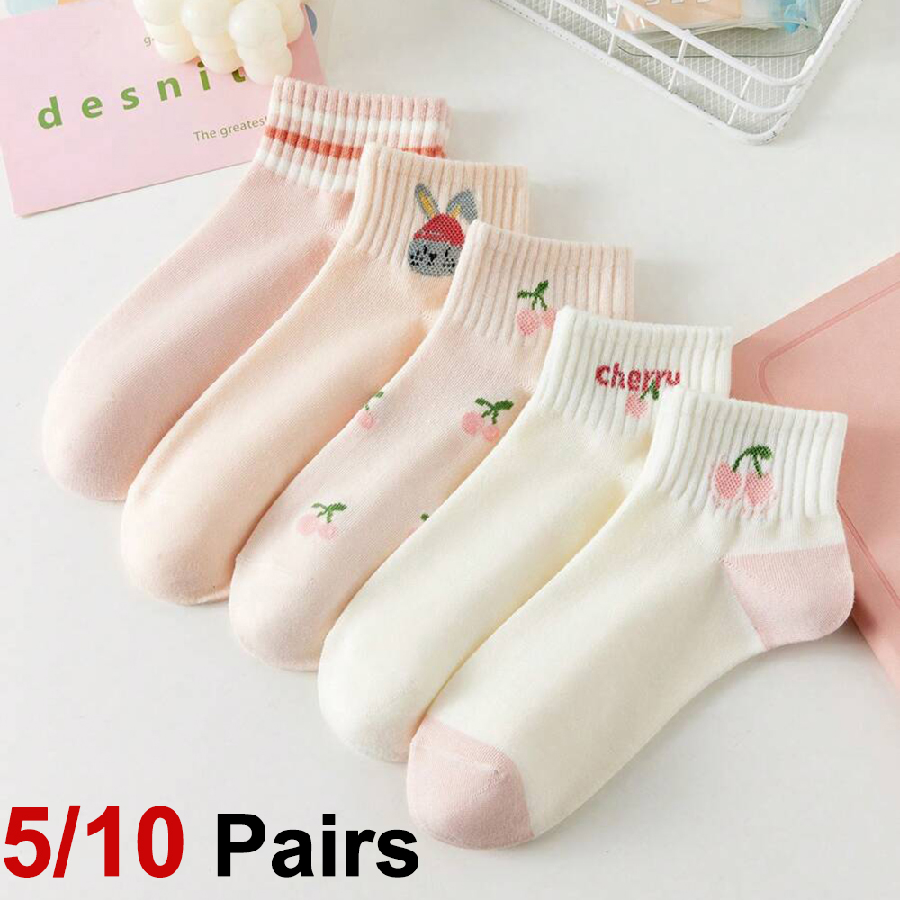 【Limited stock】 5/10 Pairs Women Striped Ankle Socks Fashionable Breathable Comfortable Spring Summer Cute Pink Fruit Pattern Casual Socks