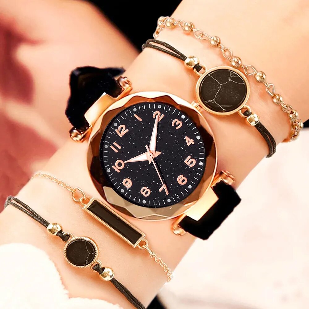 【User-friendly】 5pcs Set Womens Watches Set Ladies Fashion Watch Black Female New Simple Casual Womens Analog WristWatch Bracelet No Box
