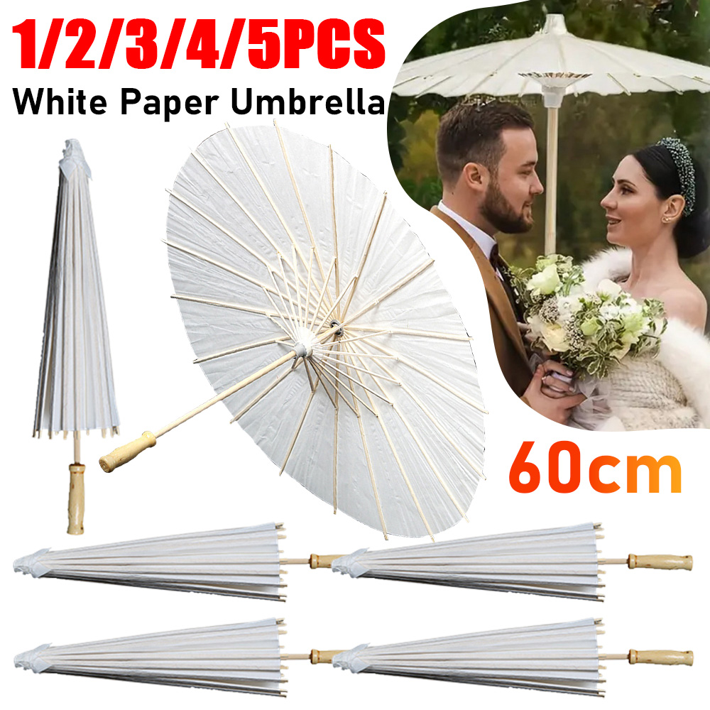 【Seasonal Sale】 5-1PCS 60cm White Paper Parasol Umbrella for Wedding Party Favor Photo Props Wooden Hhandle Oiled Paper DIY Bamboo Umbrellas