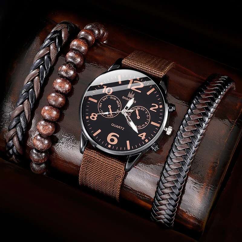 【New Trend】4Pcs Set Fashion Mens Sports Bracelet Watches For Men Retro Big Dial Quartz Wrist Watch Classic Male Casual Brown Nylon Watch
