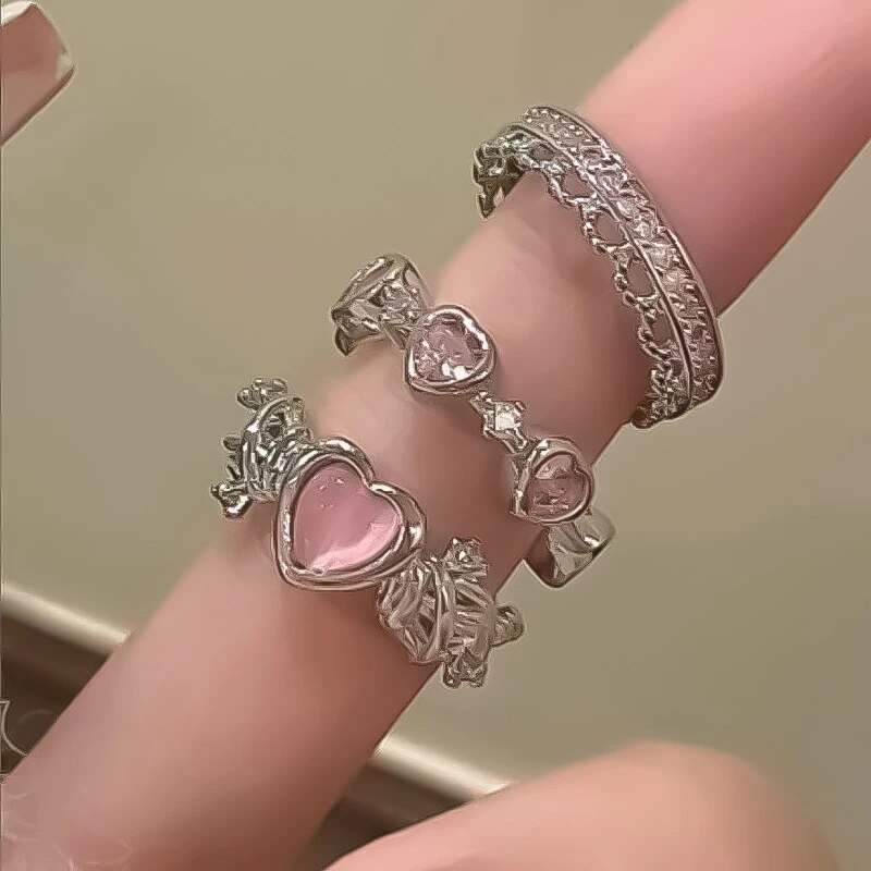 【High Cost-Performance】 3 Pcs/set Love Heart Rings For Women Girls Light Luxury Rhinestone Opening Ring Sweet Finger Ring Wedding Party Accessories