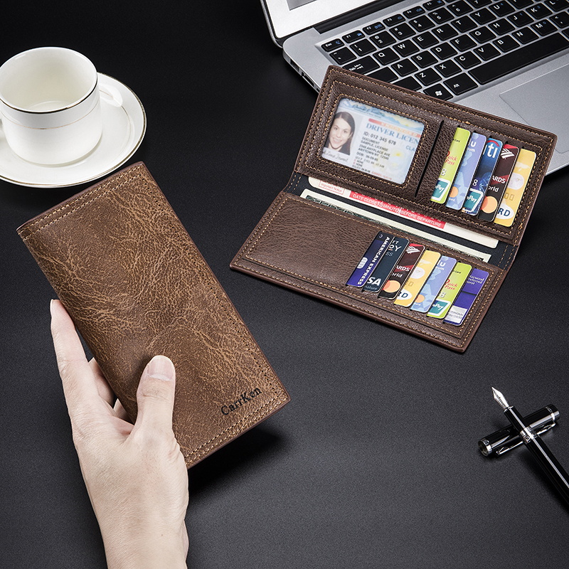 【New-store】 CarrKen Men's Wallet Long 2023 New Oil Wax Leather Wallet Men's Gift Retro border Multi Card Wallet Ultra Thin Trendy Fash