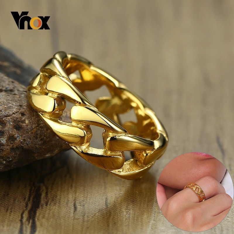【Be worth】 Vnox Link Chain Shape Ring For Men Black/ /Silver Color Stainless Steel Fraternal Rings Male Alliance