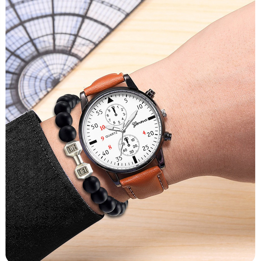【Hot-Selling】 Set 2-Piece Men Handsome Business Brown Leather Quartz New Boys Watch Gift Fashion Matching Lightweight Alloy Design