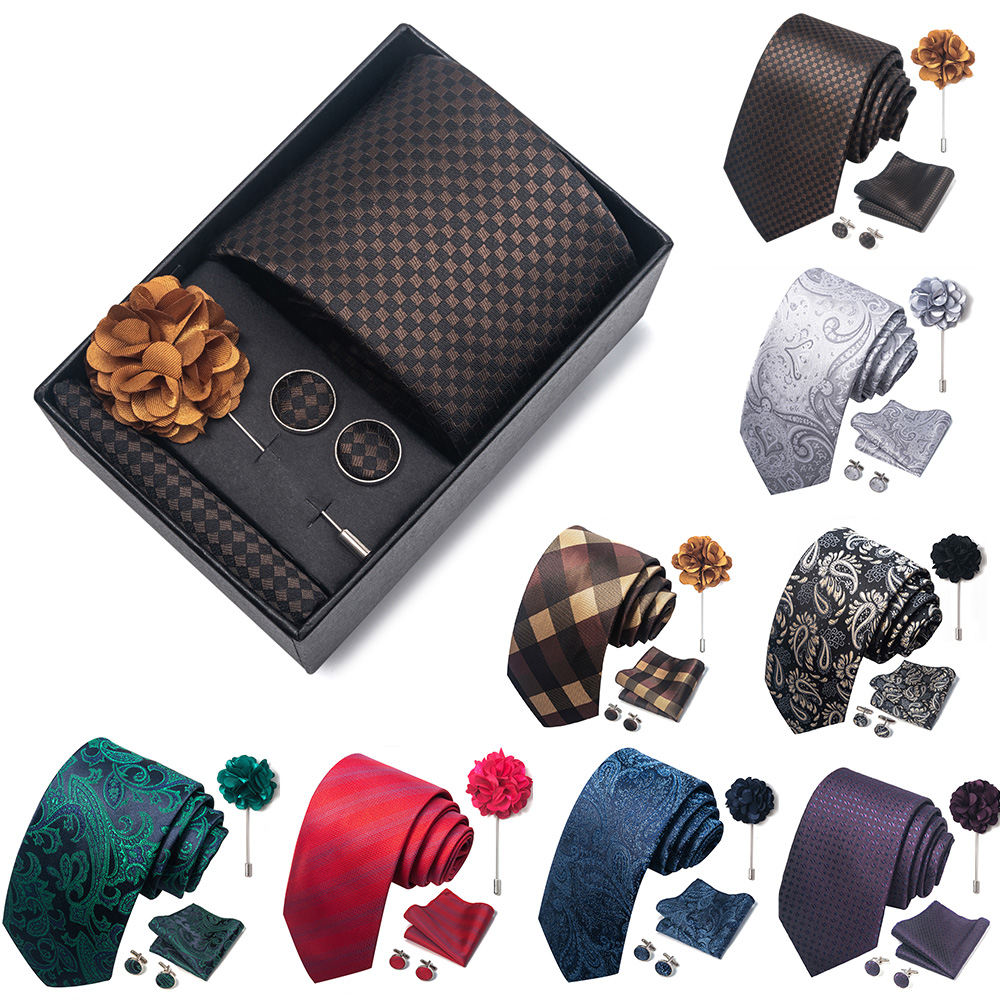 【Clearance sale】 New Designer Blue Red Green Paisley Ties For Men Wedding Party Neck Tie Luxury Tie Pocket Square Cufllink Brooch Set