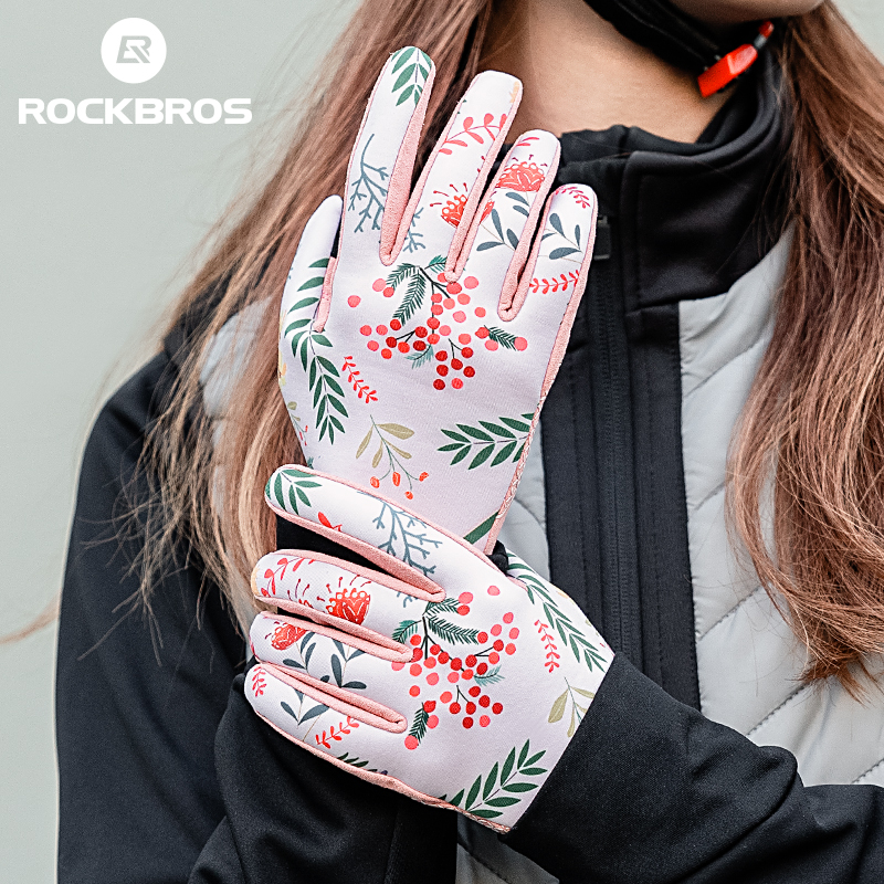 ROCKBROS Cycling Gloves Anti-slip Touchscreen Windproof Pink Color Women Full Finger Riding Gloves