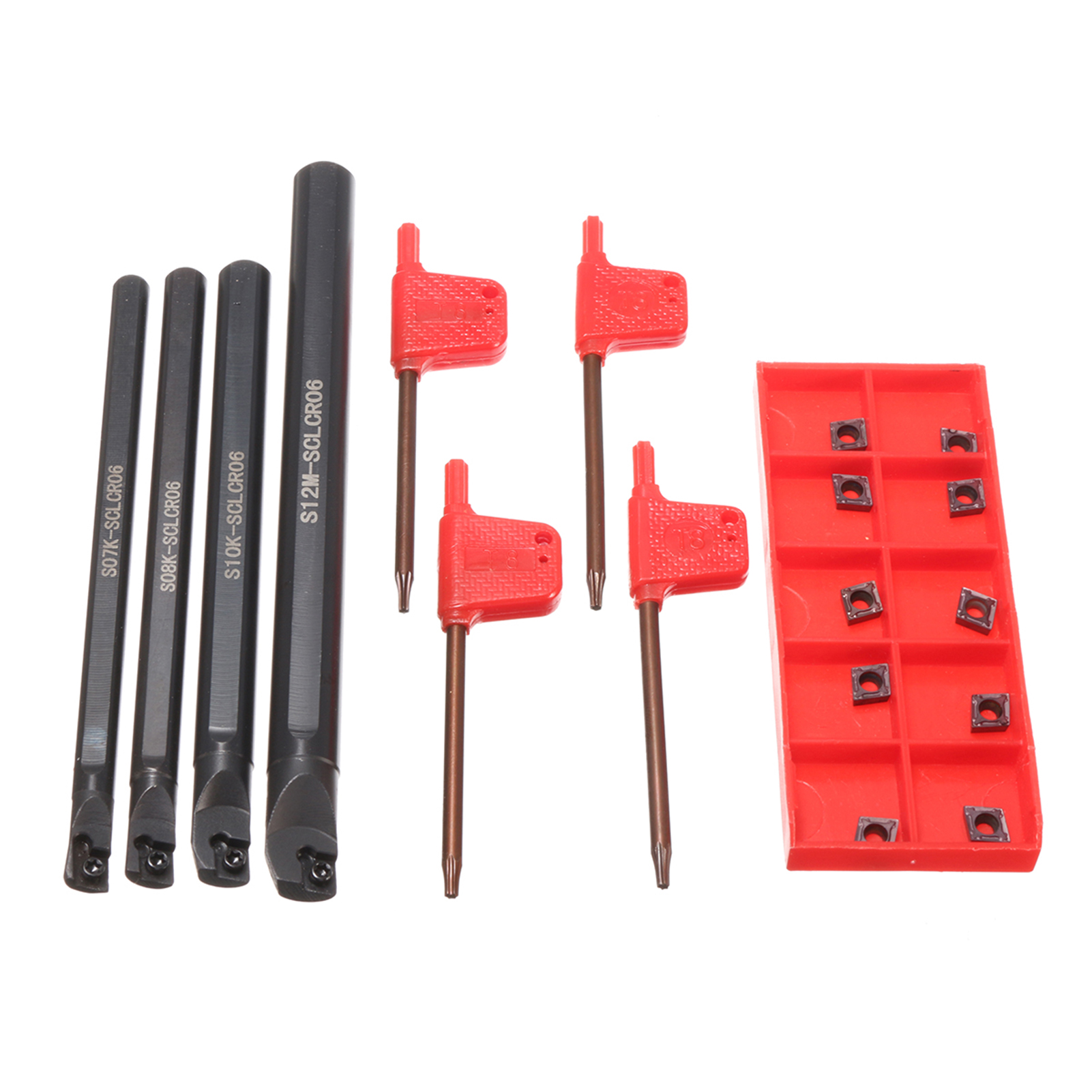 Metal Lathe Turning Tool Kit 4 PCS S07K/ S08K/ S10K/ S12M-SCLCR06 Boring Bars 10 PCS CCMT060204 Carbide Inserts 4 Plum Wrenches for Small Hole Machining