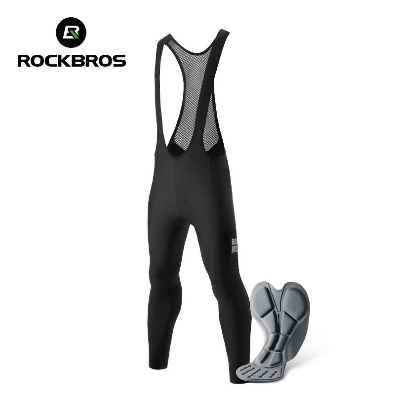 ROCKBROS Men's Cycling Bib Pants Autumn/Winter Fleece Warmth Cycling Suspenders Trousers Rear Net Pocket Bicycle Pants With Cushioning Pad Wear Sport Clothing