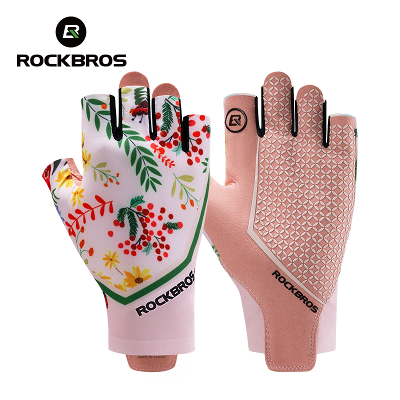 ROCKBROS Women's Ice Silk Printed Gloves Elastic and Comfortable Bicycle Gloves Silicone Non-slip Palm With Wrist Pull Piece Design Sensitive Touch Tcreen Bike Gloves