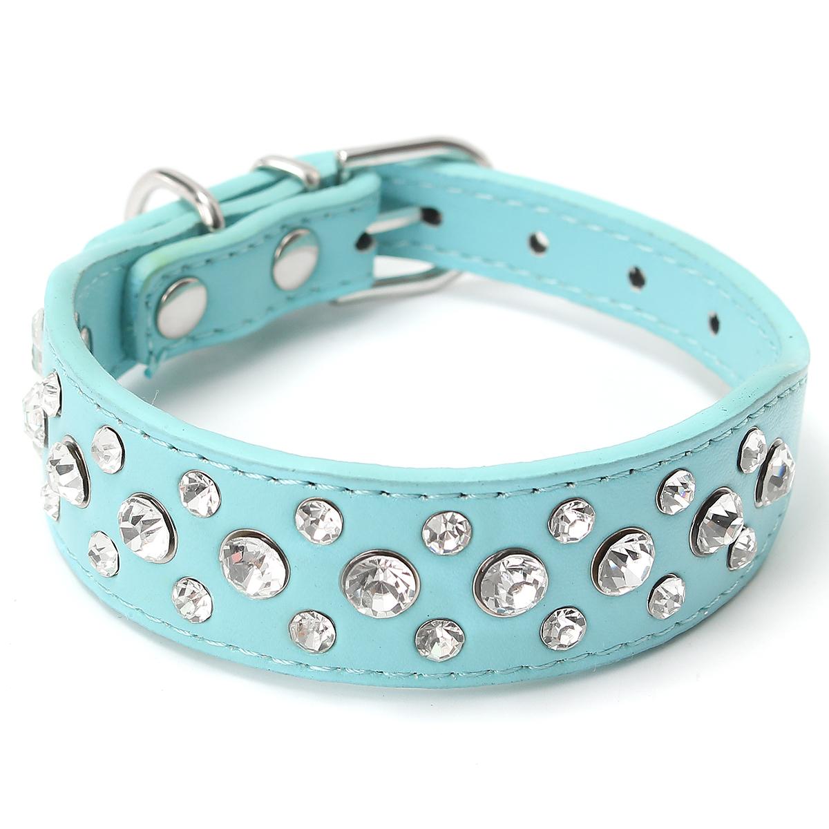 Bling Rhinestone PU Leather Crystal Diamond Pet Dog Cat Puppy Collar XS 2.5*30cm - blue