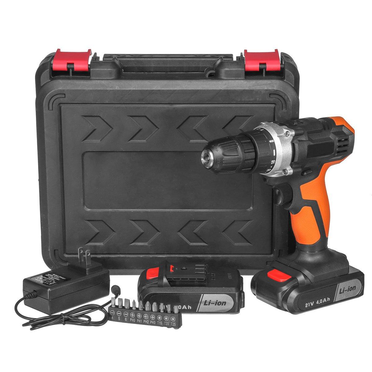 21V 3/8" New Cordless Electric Drill 18+1 LED Screw Driver+2x4000mAh Li-Ion Battery -