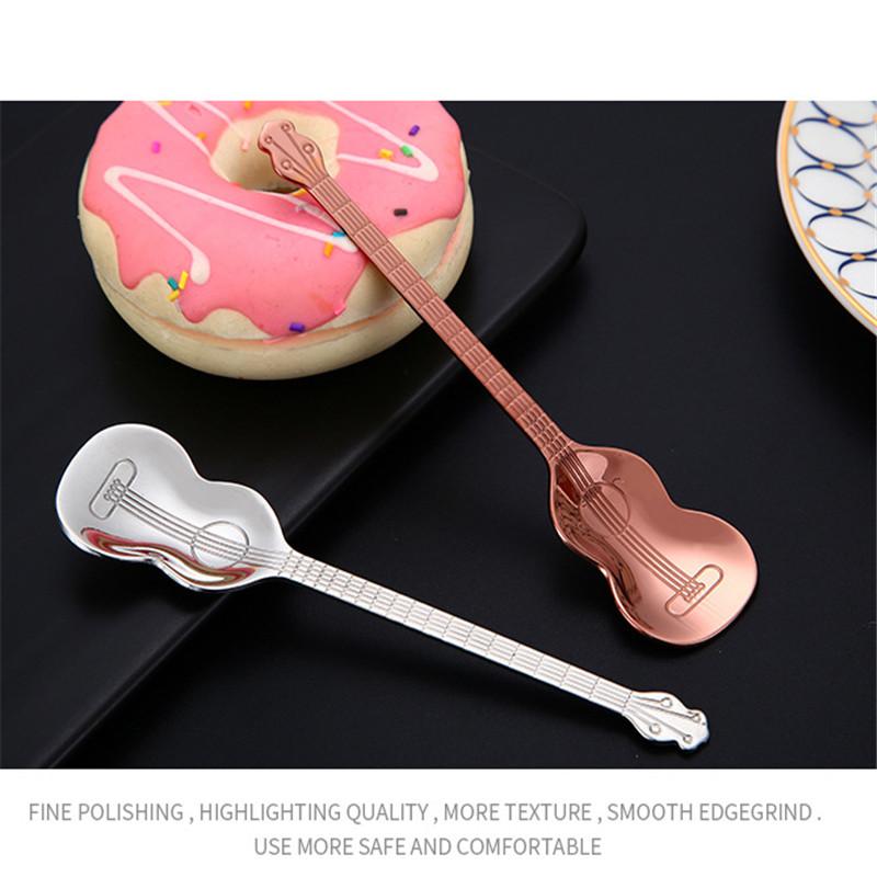 【Free Shipping】Stainless New Steel Spoon Guitar Shape Hiking Camping Tableware Tea Stirring Spoon Small Outdoor Tablewar Dessert Scoop Creative - Rose Gold