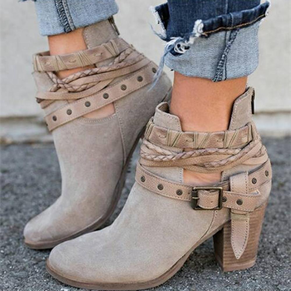 Foreign trade big size 2019 autumn winter new hot style metal belt buckle thick heel boot - Grey {38}