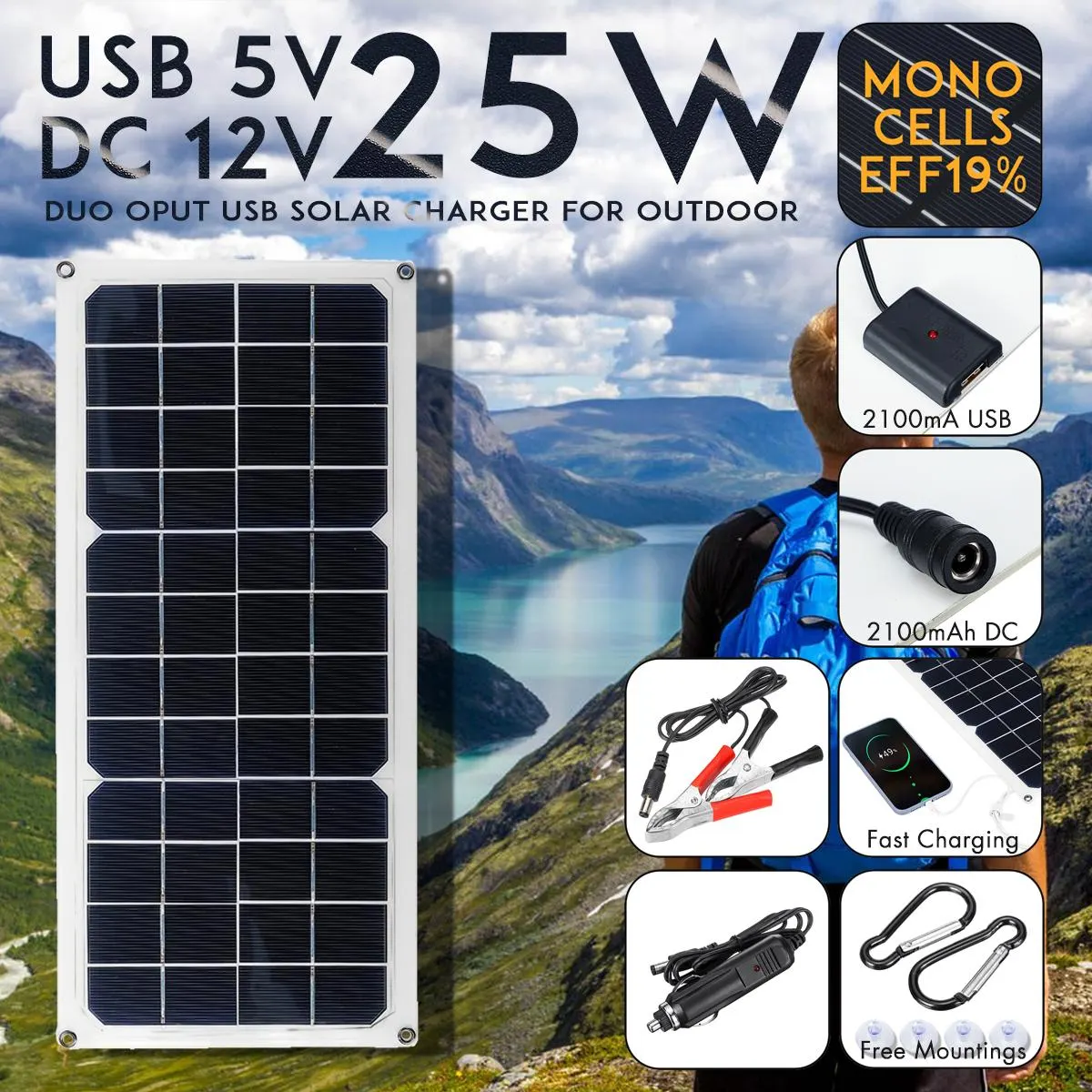 25W DUO Output 12V 5V Universal Serial Bus Mono?Solar Power Charging Panel w Suckers & Carabiner for DUO Output for 12V 5V Camping Fan/Lamp/Power Generator System For iPhone Huawei - - image 1