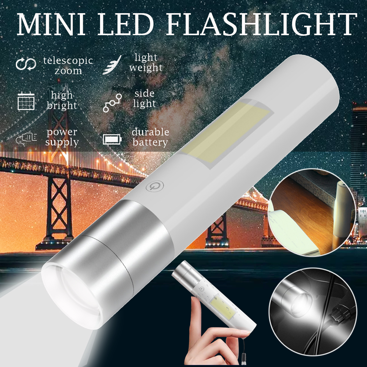Mini LED Flashlight Tactical Pocket Handheld Zoomable - White