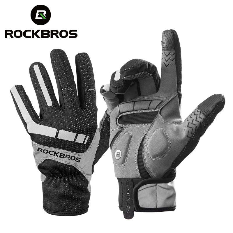 ROCKBROS Full Finger Cycling Gloves Windproof Thermal Warm Fleece Gloves Motorcycle Gloves Snow Skiing Sport Gloves Sports Equipment