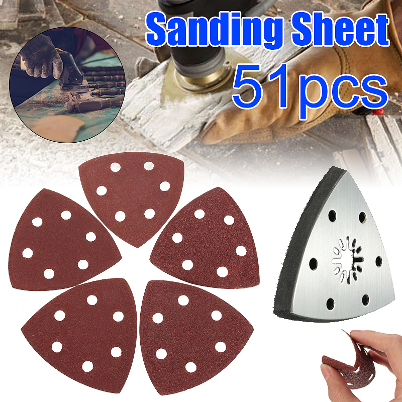 50pcs Set New 90mm Mix Sanding Sheet 40 60 80 120 180 Grit Sandpaper Kit+1pcs 3003SK 90mm 6 Holes Stainless Steel Triangular Sand Disc Shape Sanding Pad -