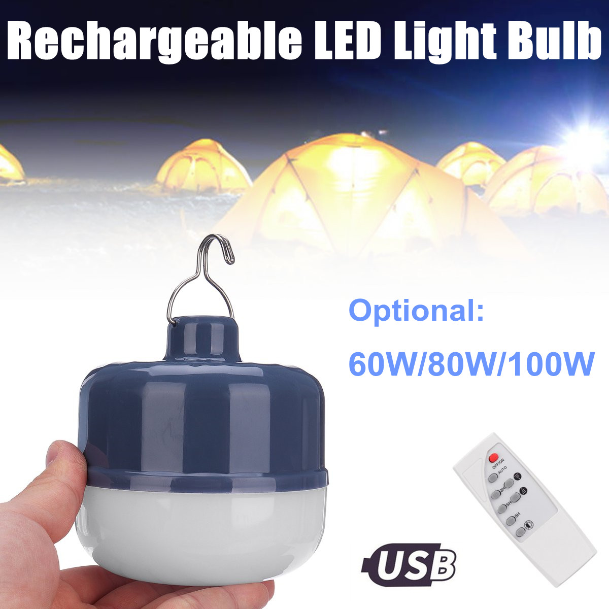 60W/80W/100W Rechargeable LED Night Light Bulb Remote Control Dimming Light Portable Outdoor Waterproof Hanging Lamp - 80W